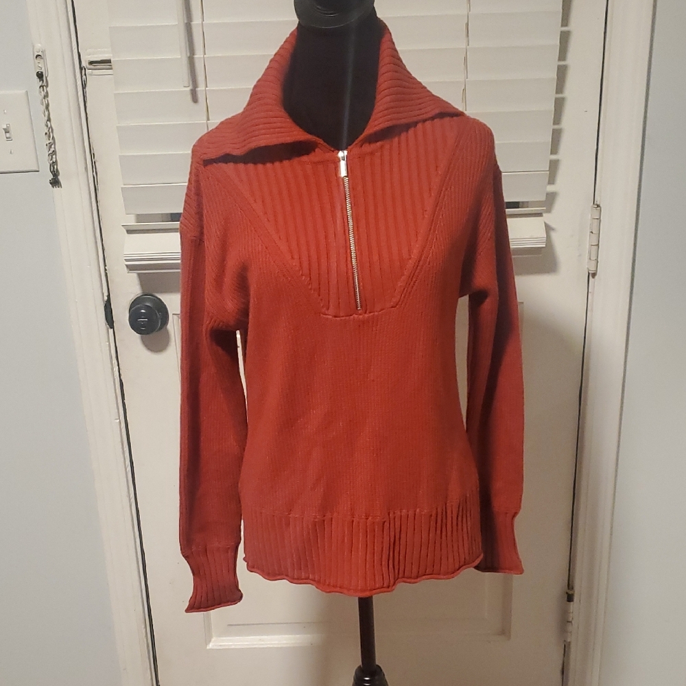 Elliott Lauren Rust Zip-Front Ribbed Turtleneck Sweater